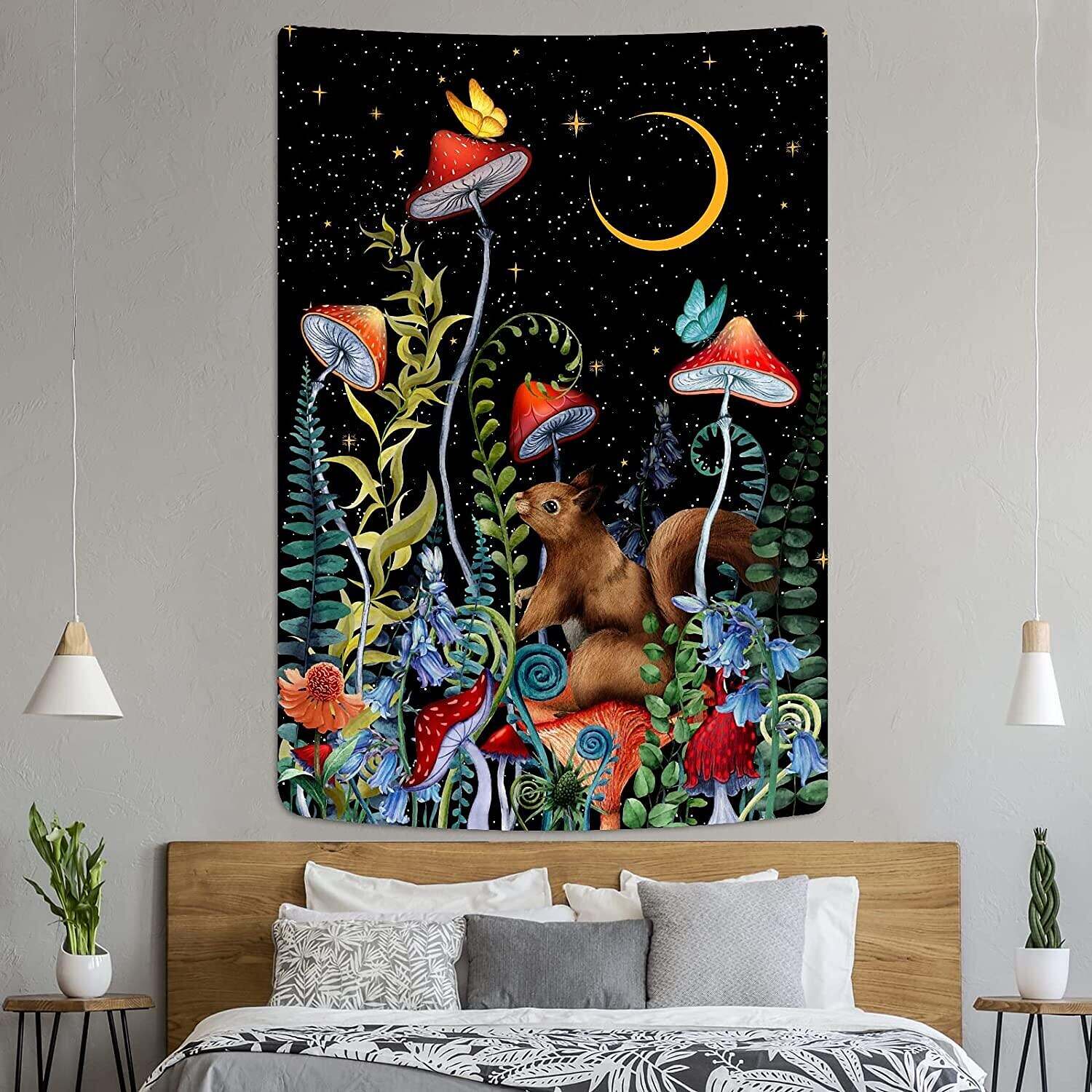 Mushroom Trippy Wall Tapestry Moon and Stars Flowers