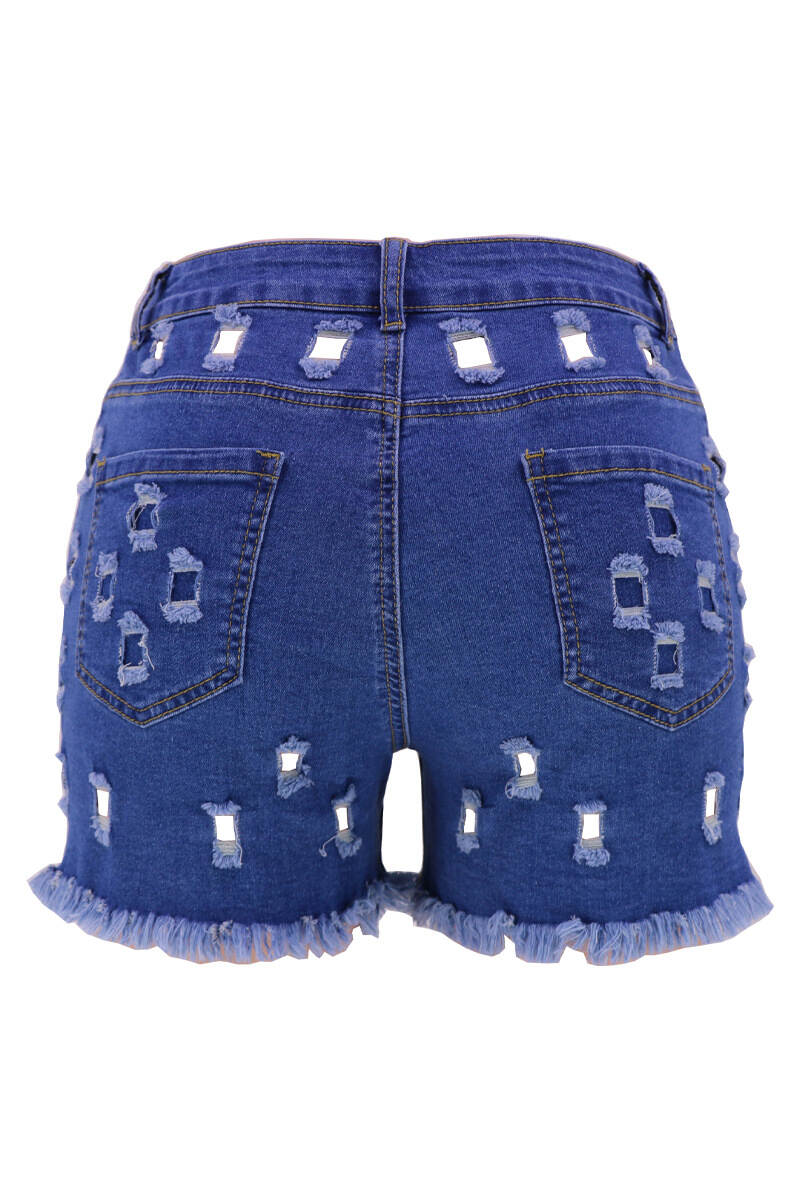 Light Blue Street Solid Hollowed Out Pocket Buttons Zipper Mid Waist Skinny Denim Shorts