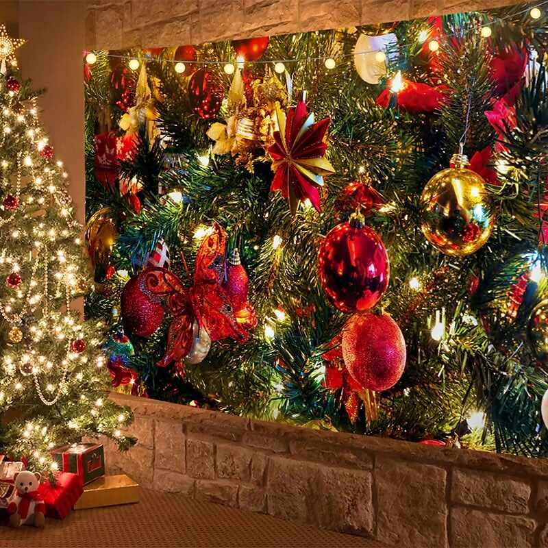 Christmas Decor LED Lights Wall Tapestry Santa Claus Christmas Tree Print