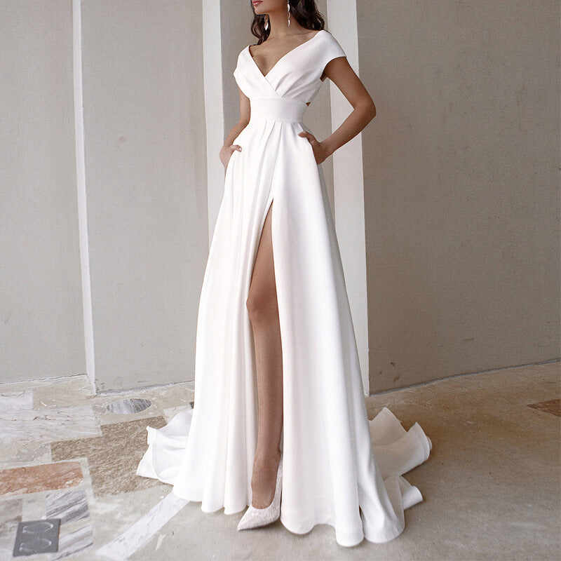 V-Neck Solid Color Floor Long Dress