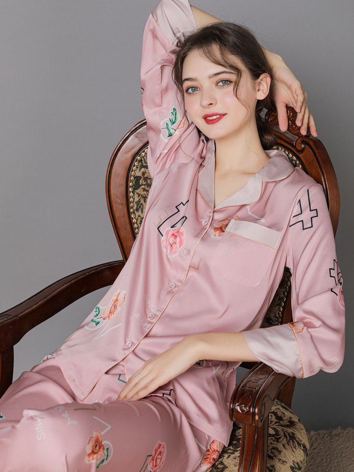 Floral V Neck Casual Regular Fit Long Sleeve Pajama Set