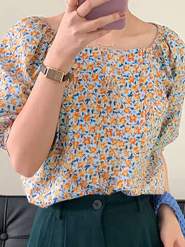 Women Blouses & Shirts | Floral Print Puff Sleeve Square Collar Women Blouse - MU21402