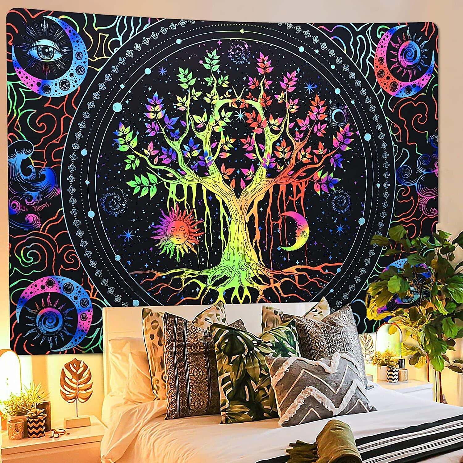 Blacklight Tapestry UV Reactive Trippy Tree of Life Mandala