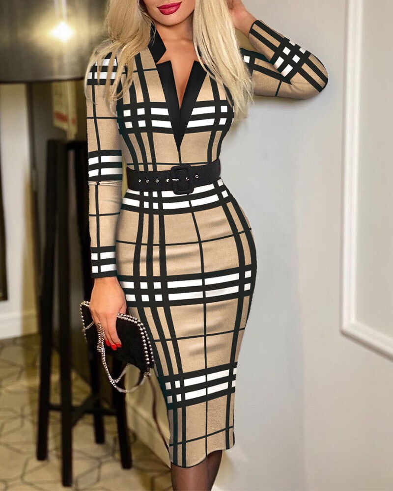 Long Sleeve Check Belted Work Dress