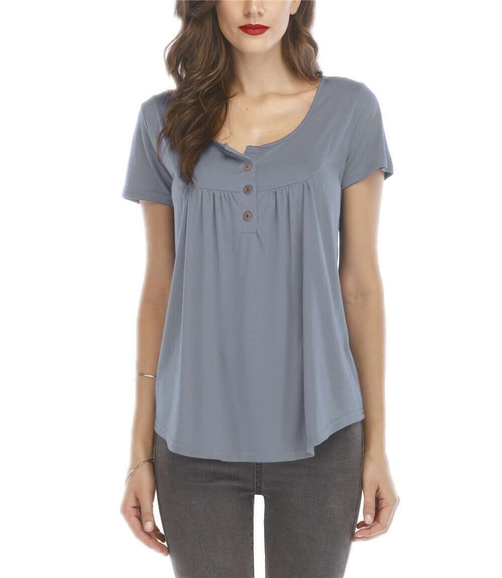 Women's pleated button loose short-sleeved T-shirt