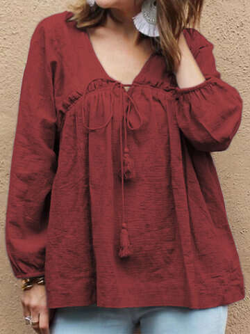 Women Blouses & Shirts | Solid Color Bandage Long Sleeve Loose Blouse For Women - JC92040