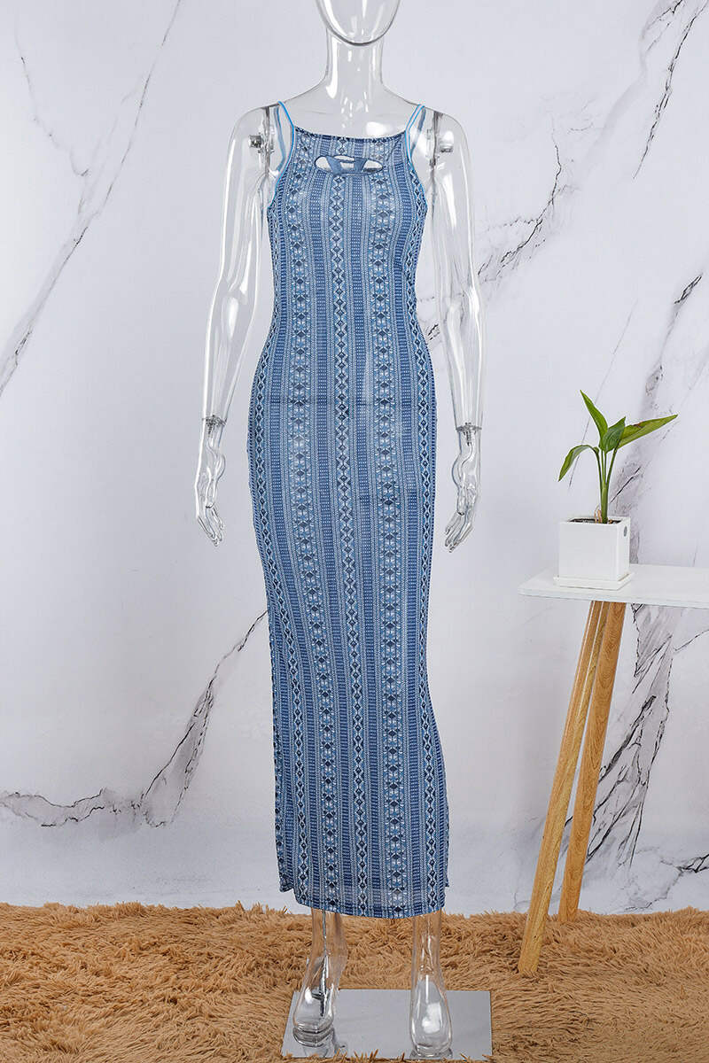 Blue Sexy Patchwork Hollowed Out Backless Spaghetti Strap Long Dress Dresses