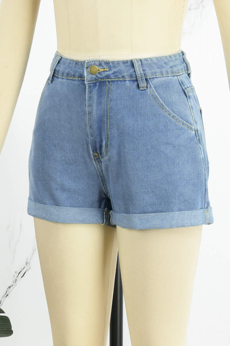 Baby Blue Casual Solid Patchwork High Waist Regular Denim Shorts