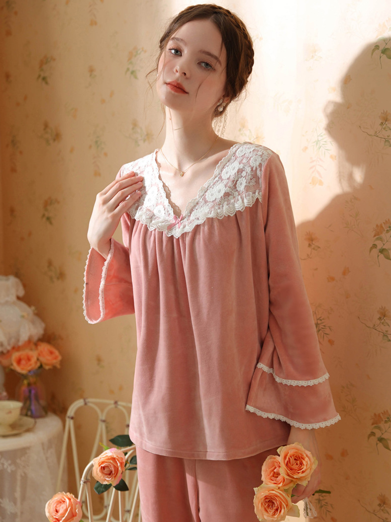 Loose Elegant V Neck Pajama Long Sleeve Set