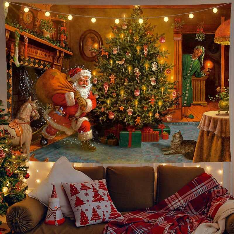 Christmas Decor LED Lights Wall Tapestry Santa Claus Christmas Tree Print