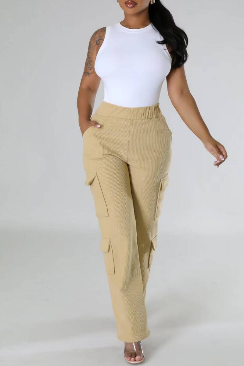 Apricot Casual Solid Patchwork Regular High Waist Conventional Solid Color Trousers