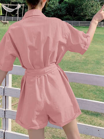 Women Jumpsuits & Rompers | Solid Button Pocket Lapel Short Sleeve Cargo Romper With Belt - VV77153