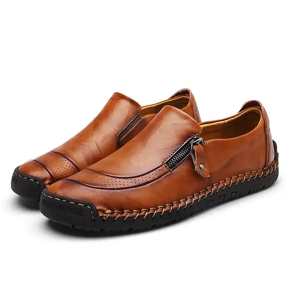 Men Hand Stitching Zipper Slip-ons Leather Shoes