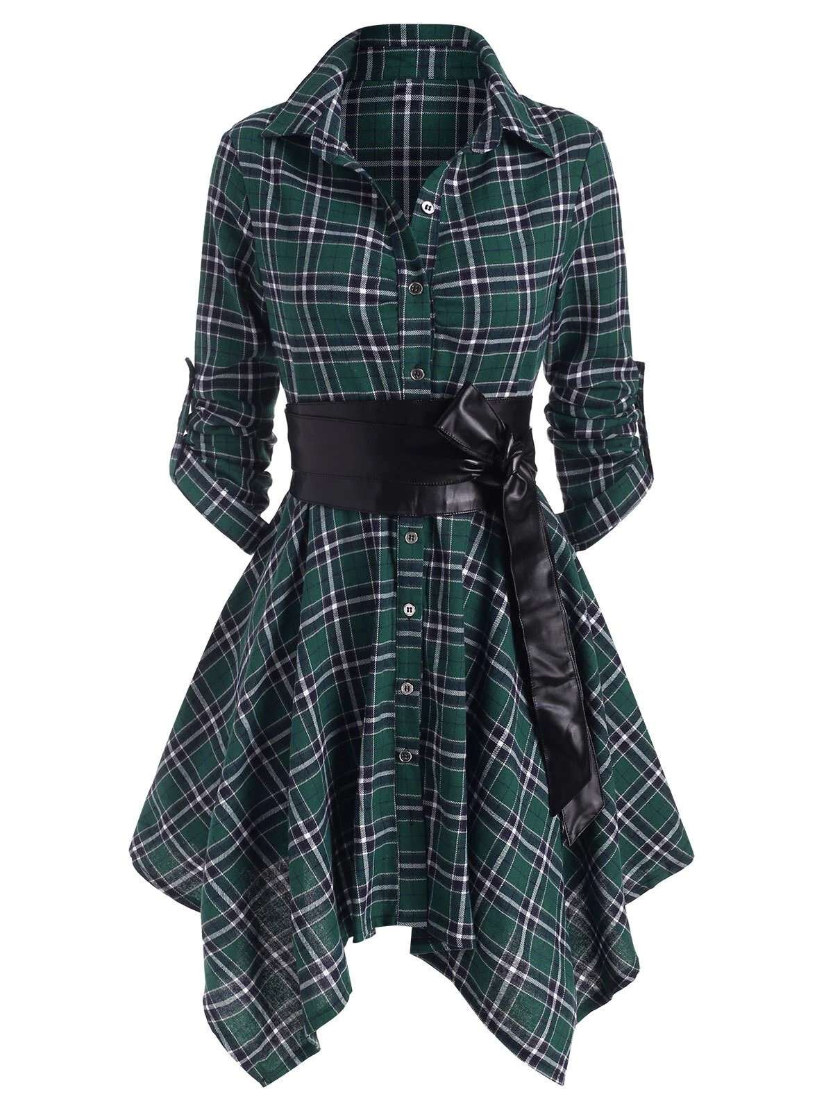 Plaid Belted Roll Tab Sleeve Handkerchief Dress