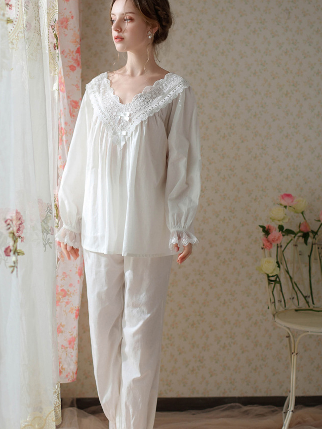 Elegant V Neck Loose Cotton Long Sleeve Pajama Set