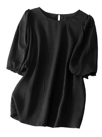 Women Blouses & Shirts | Solid Puff Sleeve Keyhole Back Lettuce Edge Blouse - HI79987