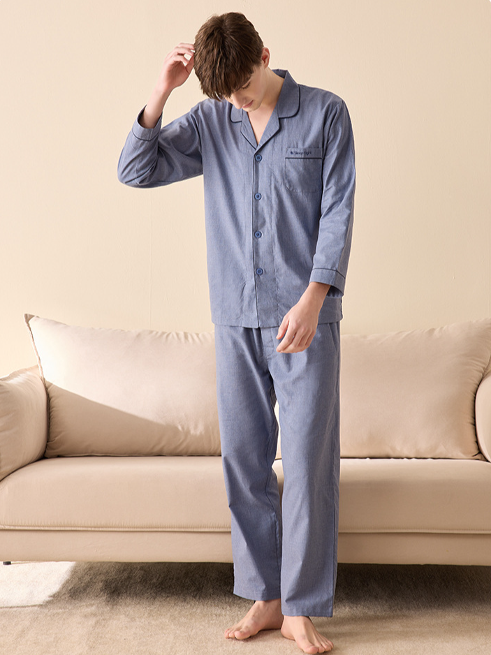 Plain V Neck Simple Cotton Long Sleeve Couple Pajama Set