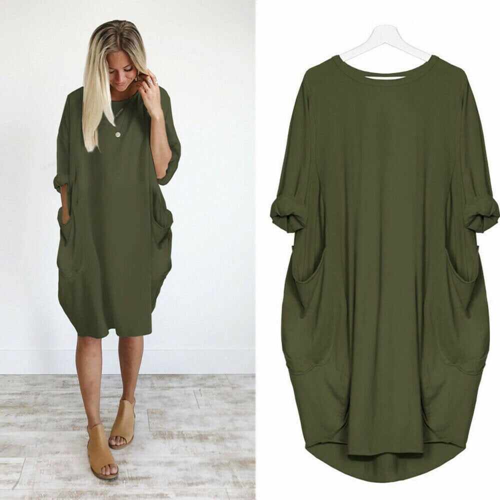 2021 Casual Loose Pocket Long Sleeve Dress