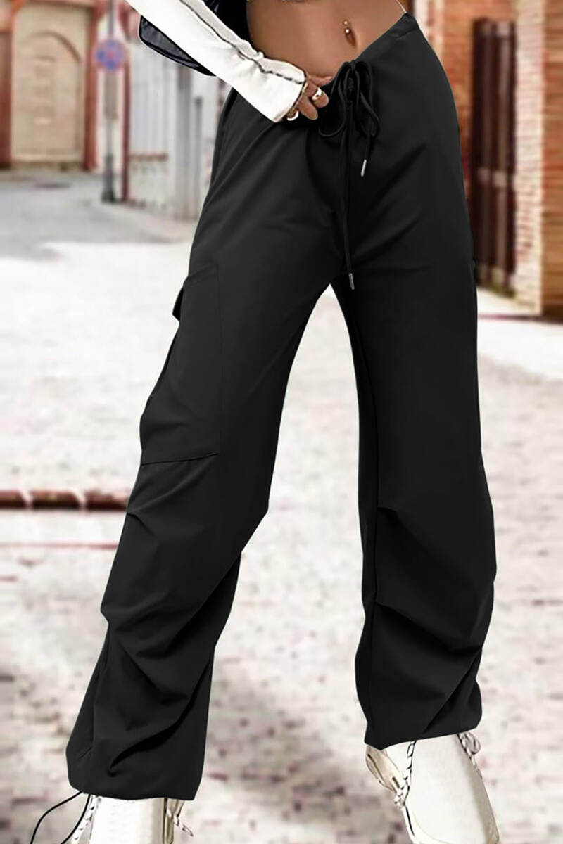 Black Street Solid Patchwork Draw String Pocket Straight High Waist Straight Solid Color Bottoms