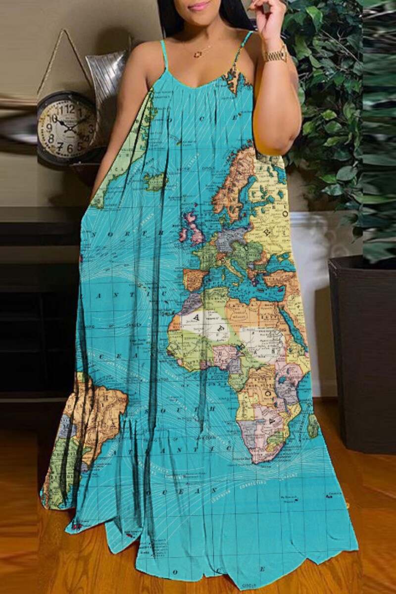 Lake Blue Sexy Casual Print Backless Spaghetti Strap Long Dress Dresses