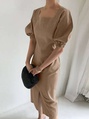 Women Casual Dresses | Solid Slit Puff Sleeve Square Collar Casual Dress - ZL96857