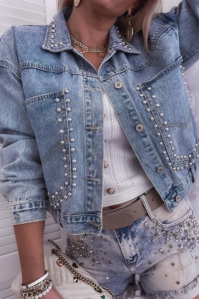 Light Blue Casual Patchwork Rivets Turndown Collar Long Sleeve Regular Denim Jacket