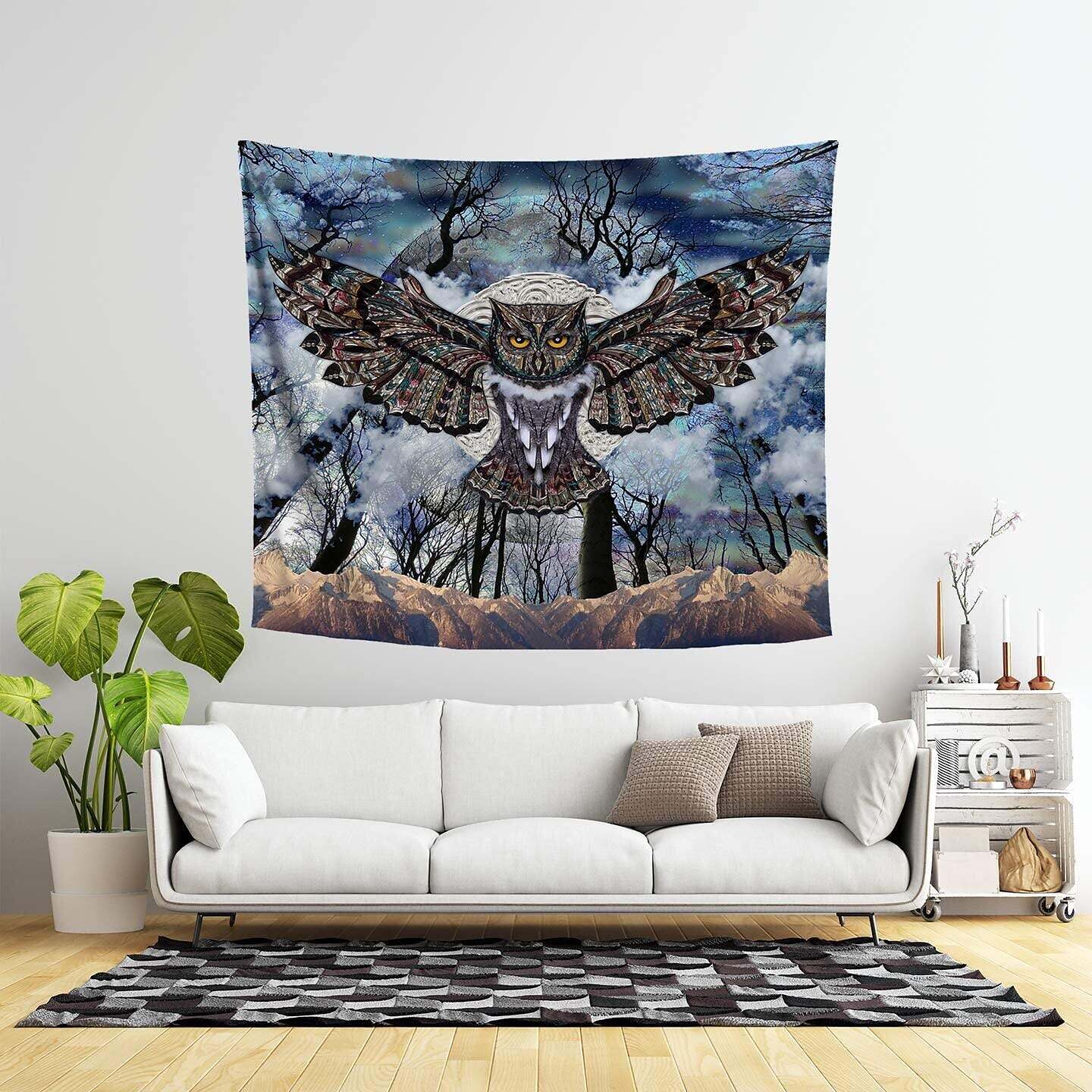 Trippy Owl Wall Tapestry Art Decor Wall Hanging Dark Forest