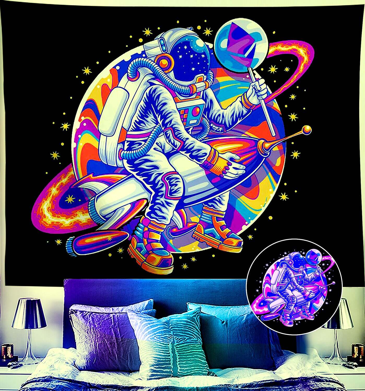 Astronaut Blacklight UV Reactive Wall Tapestry Trippy Psychedelic