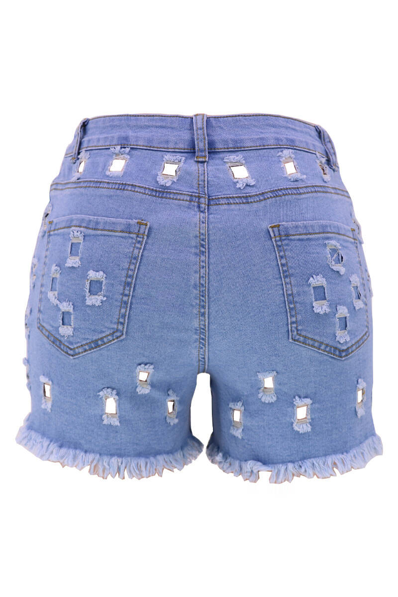 Light Blue Street Solid Hollowed Out Pocket Buttons Zipper Mid Waist Skinny Denim Shorts