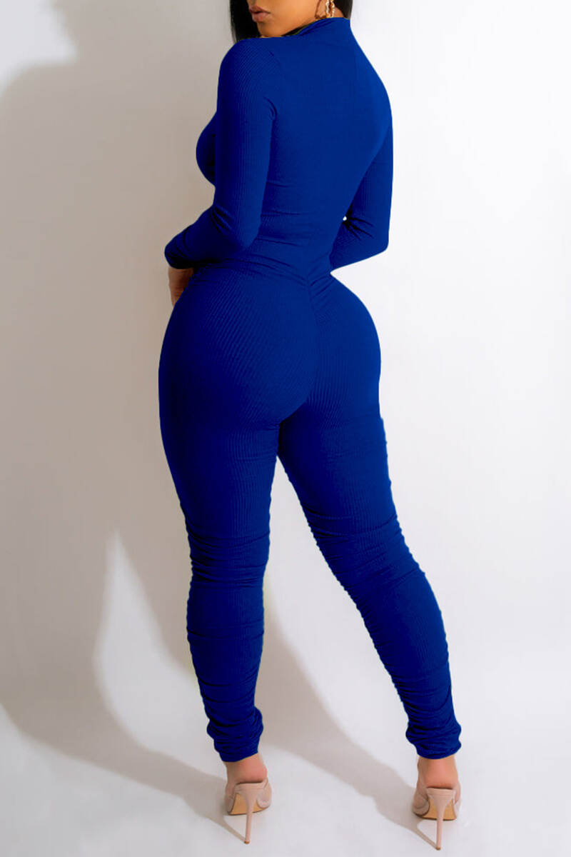 Pink Casual Solid Fold Zipper Collar Skinny Jumpsuits