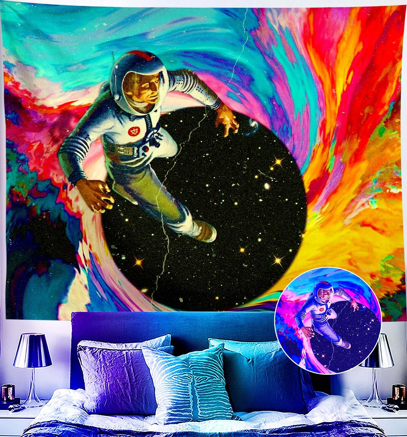 Trippy Blacklight UV Reactive Wall Tapestry Alien Astronaut Psychedelic