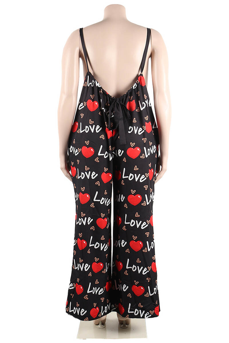 Red Casual Print Spaghetti Strap Plus Size Jumpsuits (Without Vest )