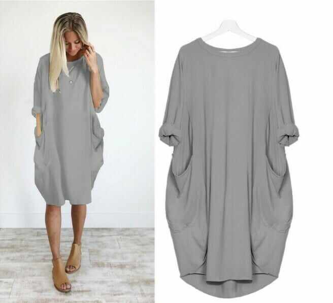 2021 Casual Loose Pocket Long Sleeve Dress