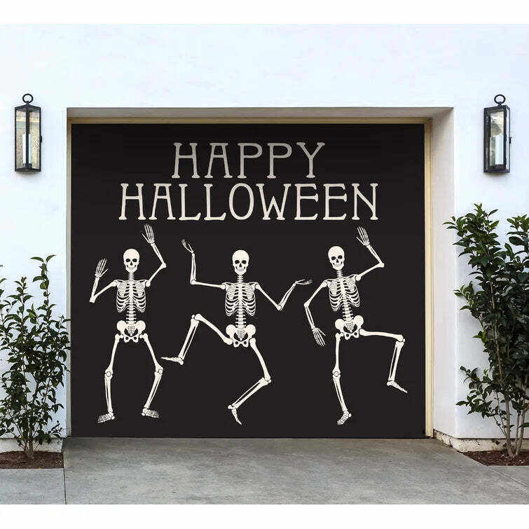 7' x 16' Ivory and Black Double Car Halloween Garage Door Banner