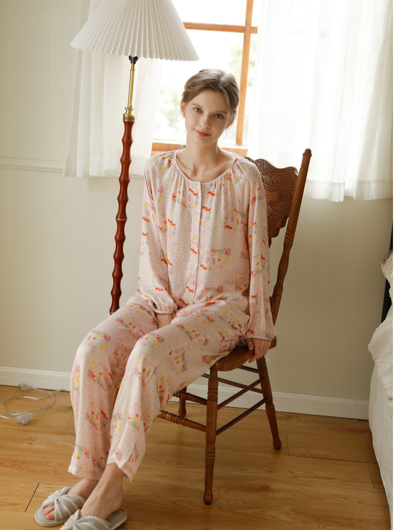 Loose Simple Crew Neck Long Sleeve Pajama Set