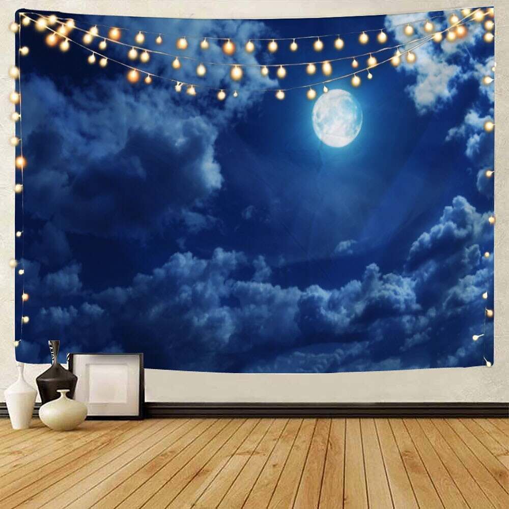 Moon Sea Sky Wall Tapestry Art Decor Landscape Full Night Ocean Cloud