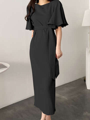Women Casual Dresses | Solid Bell Sleeve Belt V-neck Casual Dress For Women - AM18598