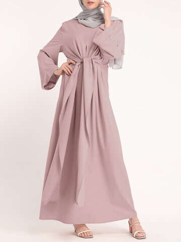 Women Casual Dresses | Solid Color Knotted Long Sleeve Maxi Muslim Dress - QV85996