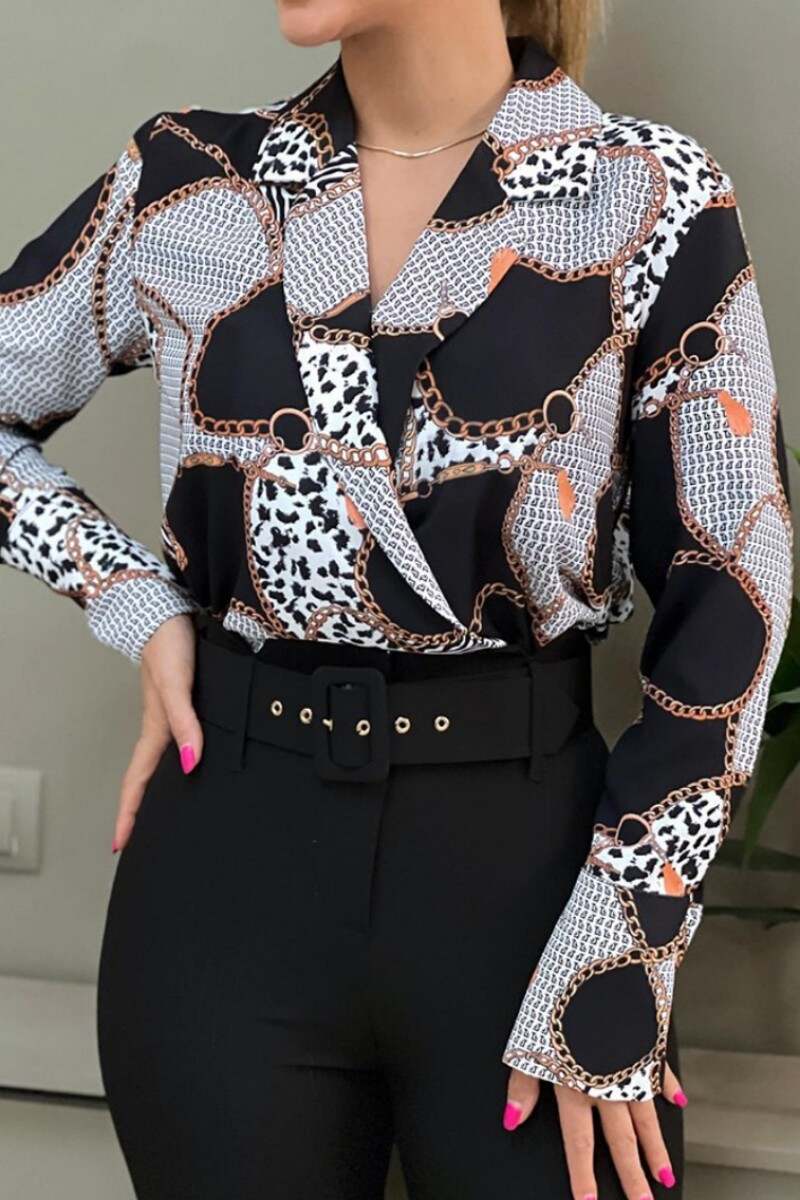 Black White Casual Print Basic Turndown Collar Tops