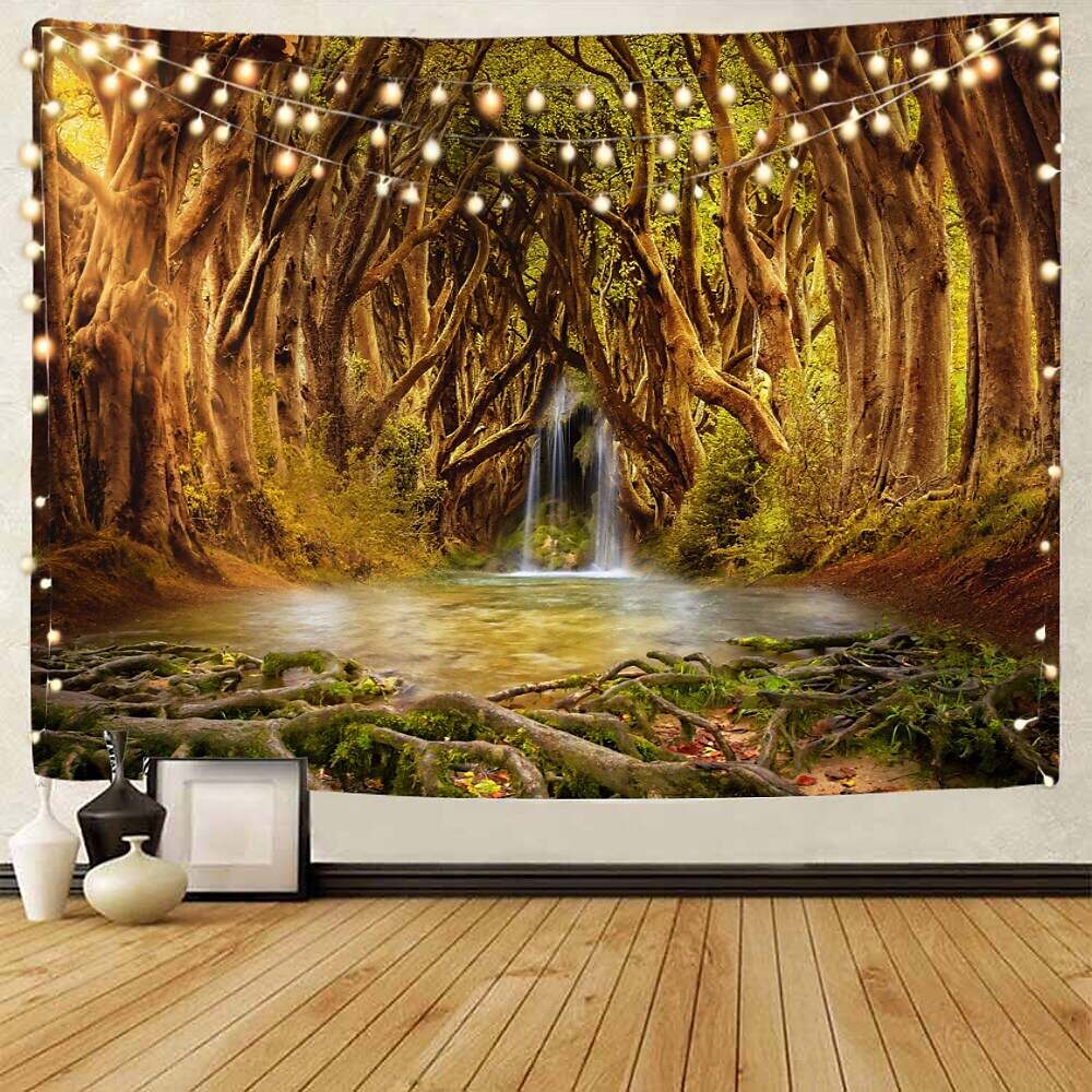 Landscape Tree Wall Tapestry Art Decor Misty Forest Nature Sunshine Through Tree