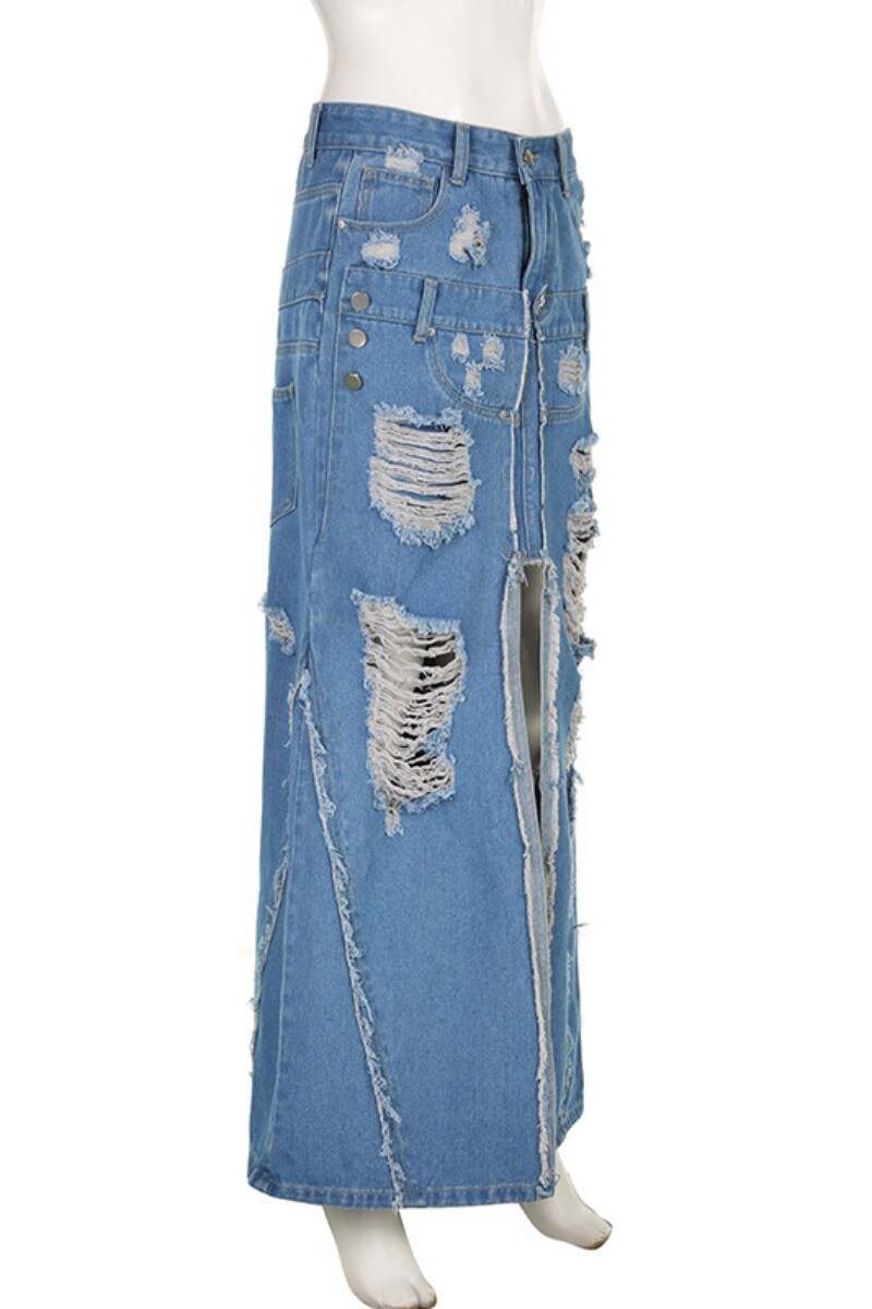 Blue Casual Solid Ripped Patchwork Slit High Waist Regular Denim Skirts