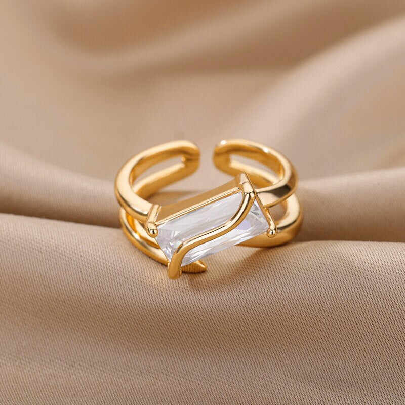 Rectangle Zircon Rings for Women Open Adjustable Stainless Steel Double Layers Finger Ring 2022 Trend Couple Wedding Jewelry BFF