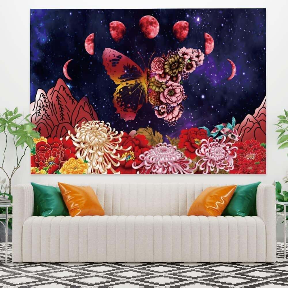 Trippy Wall Tapestry Art Decor Moon Phase Butterfly Flower Wall Hanging