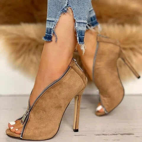 Suede peep toe heeled boots