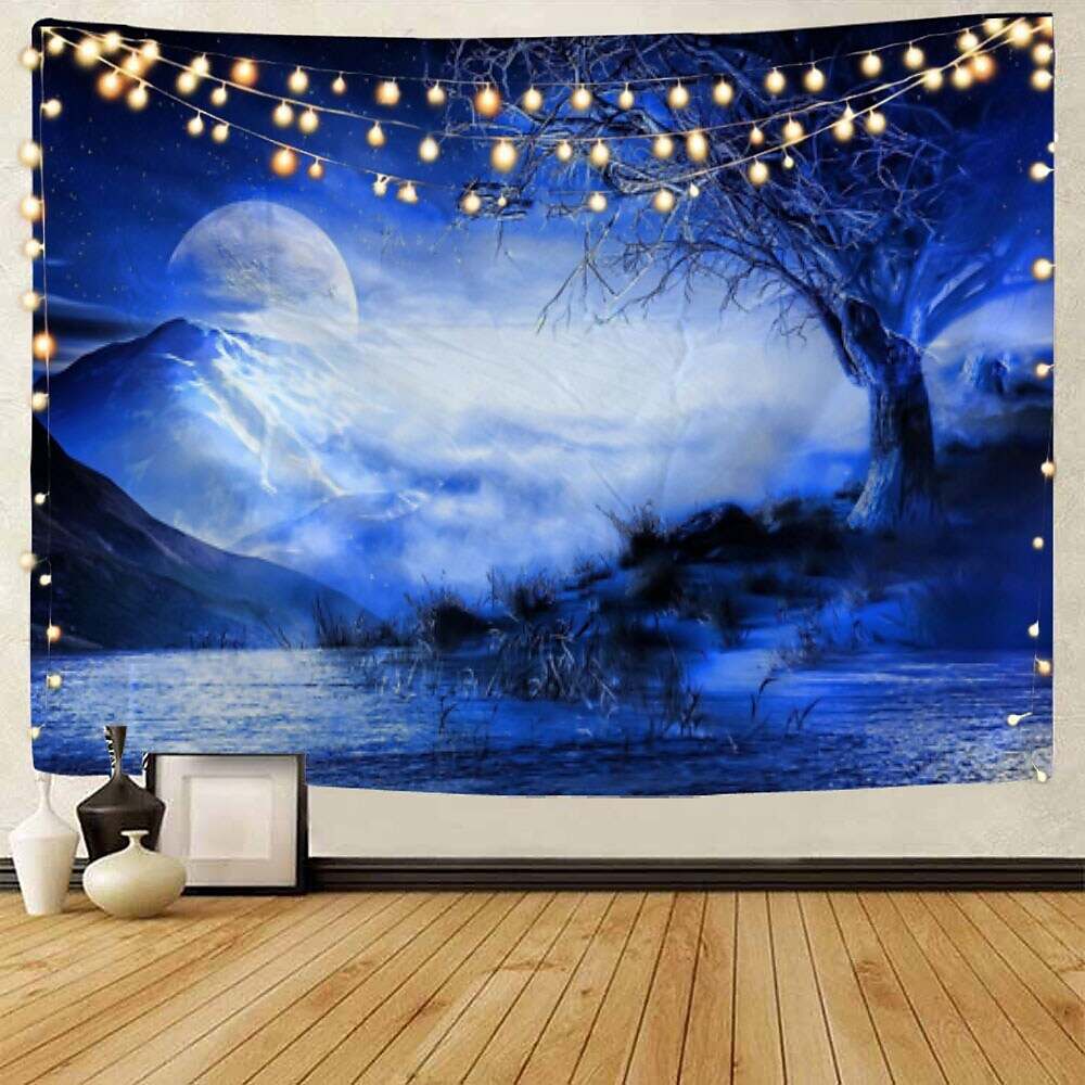 Moon Sea Sky Wall Tapestry Art Decor Landscape Full Night Ocean Cloud