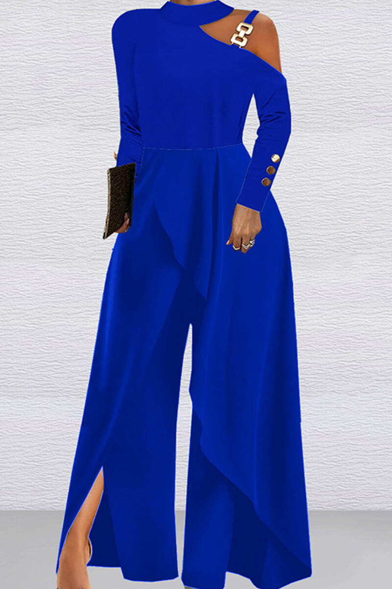 Royal Blue Elegant Solid Patchwork Buttons Metal Accessories Decoration Halter Loose Jumpsuits