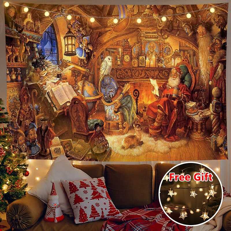 Christmas Decor LED Lights Wall Tapestry Santa Claus Christmas Tree Print