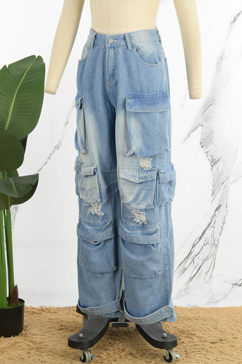 Light Blue Street Solid Ripped Patchwork Pocket Buttons Zipper Mid Waist Straight Denim Jeans