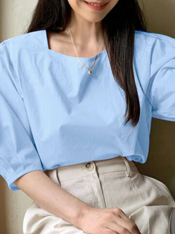 Women Blouses & Shirts | Solid Pleats Puff Sleeve Crew Neck Casual Blouse - QQ32325