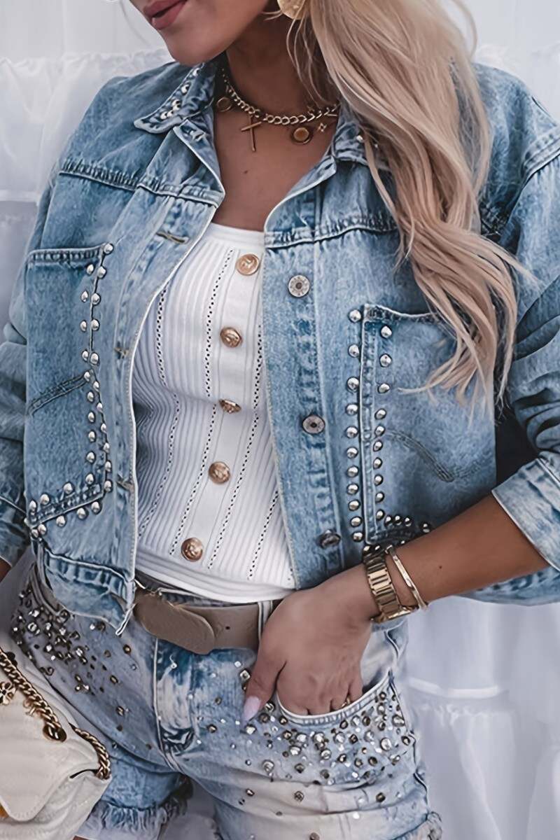 Light Blue Casual Patchwork Rivets Turndown Collar Long Sleeve Regular Denim Jacket